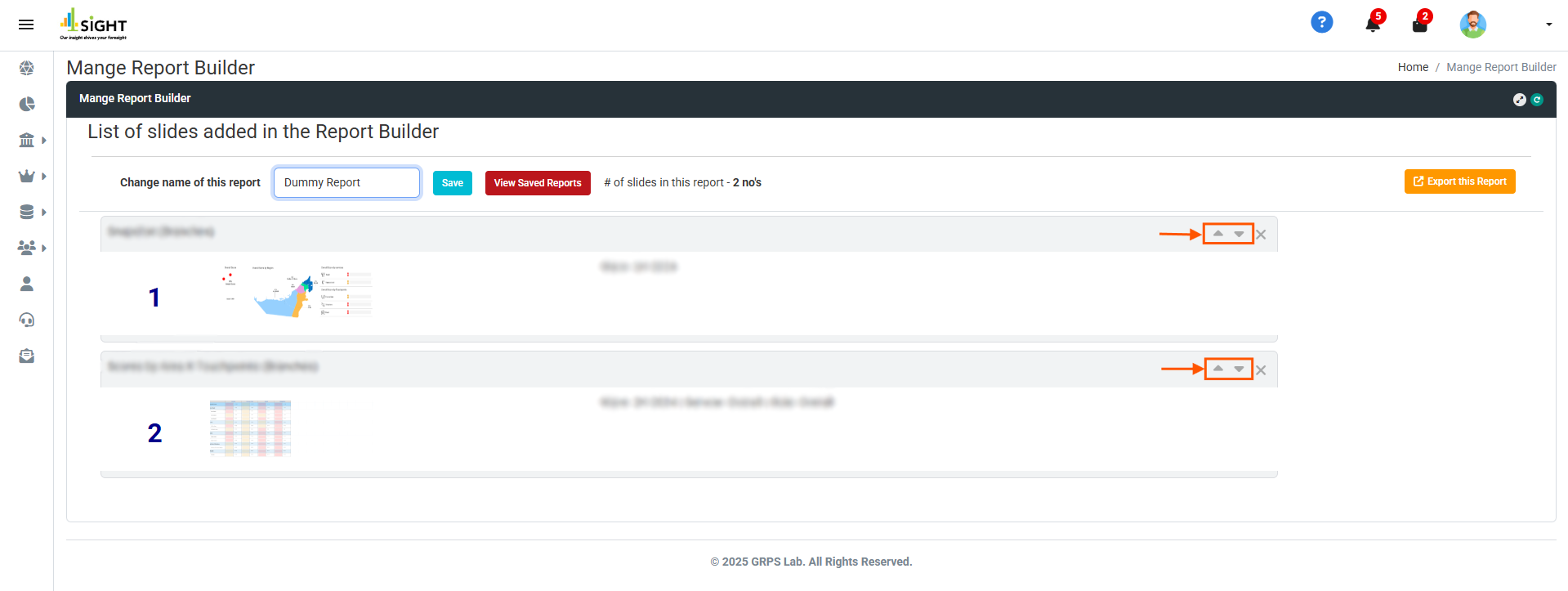 How can I rearrange slide positions in saved reports?